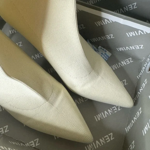 Beige ankle sock boots with heels - Picture 3 of 5